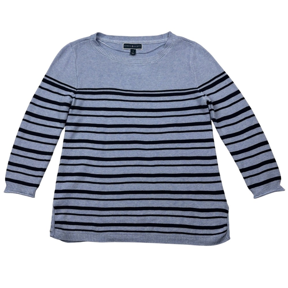NWT Karen Scott Sweater Womens Small Blue Striped Cotton Knit Side Lace Pullover